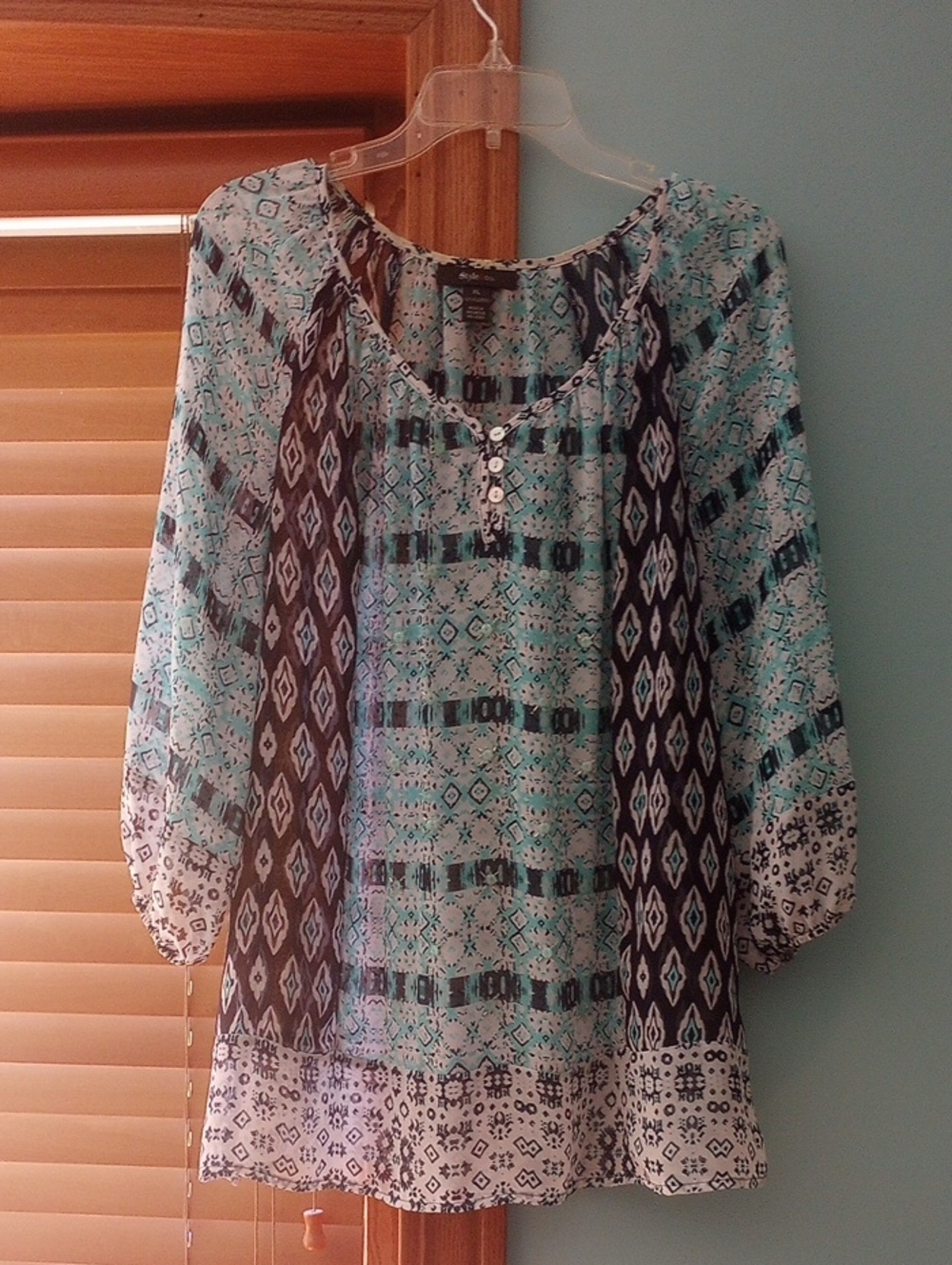 Style & Co. Aqua and Black Patterned Peasant Tunic